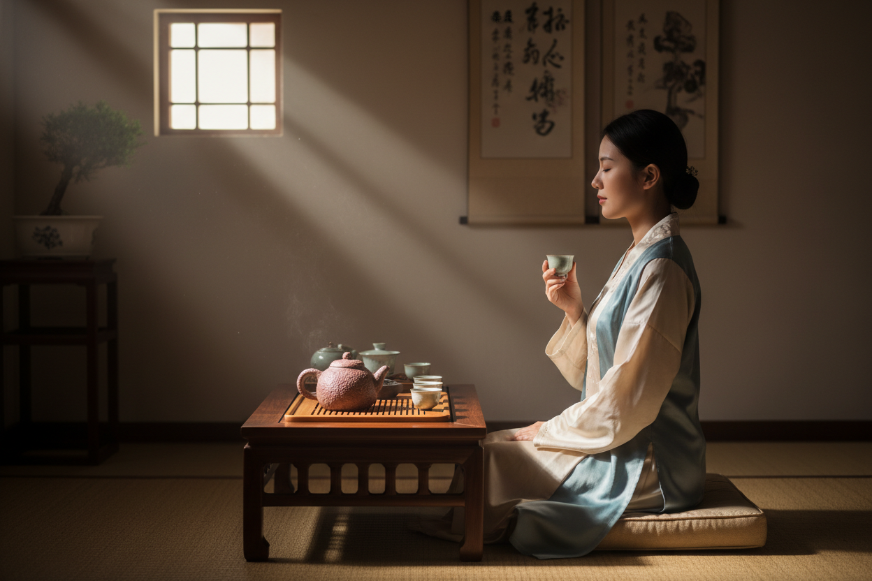 女人坐在右边，窗户更小一点，阳光透过窗户招进来